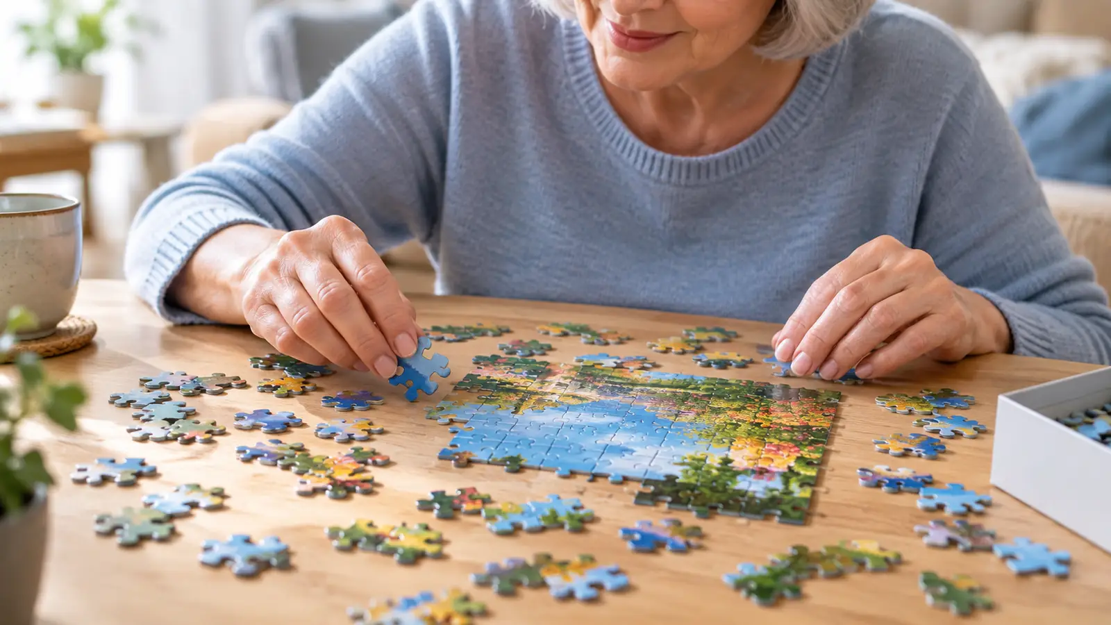 Hands sorting colorful jigsaw puzzle pieces on a light wooden table