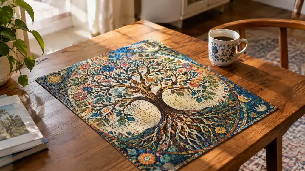 A completed colorful tree of life jigsaw puzzle on a table with a coffee mug beside it