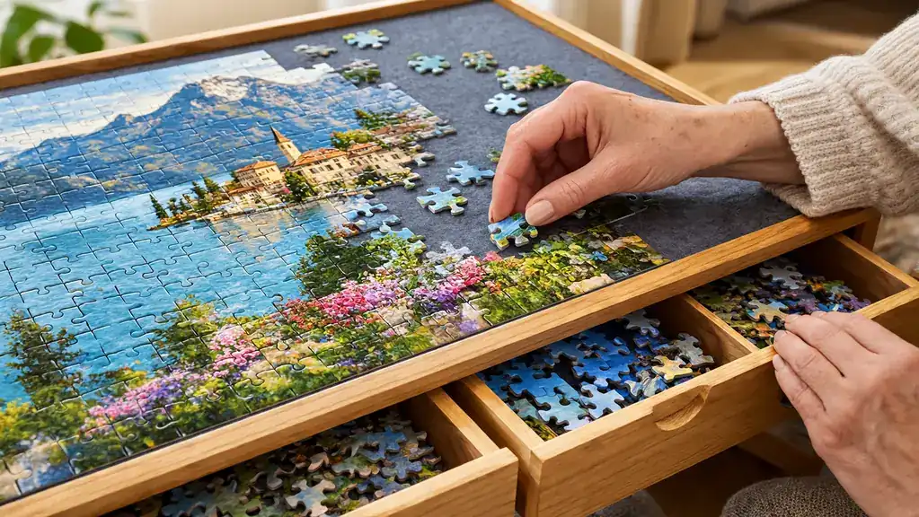 A hand sliding a puzzle piece into place on a felt puzzle board with open drawers below