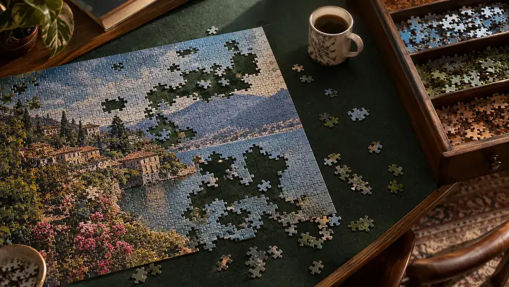 A jigsaw puzzle in progress on a board, with a drawer of sorted pieces pulled open beside it