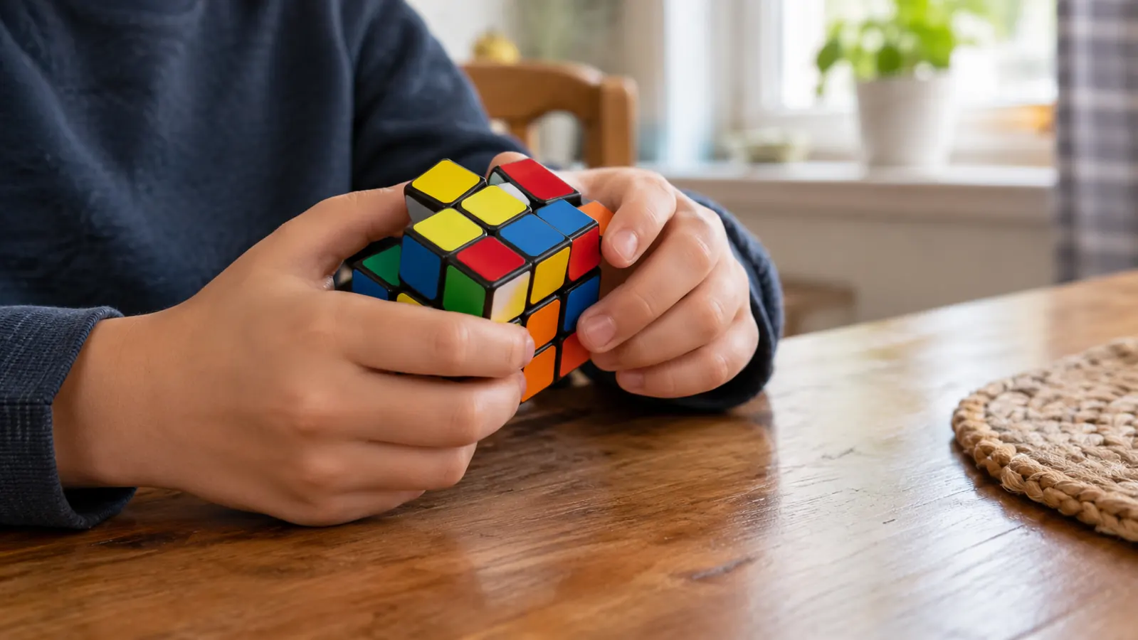A child's hands turning the layers of a puzzle cube on a kitchen table.