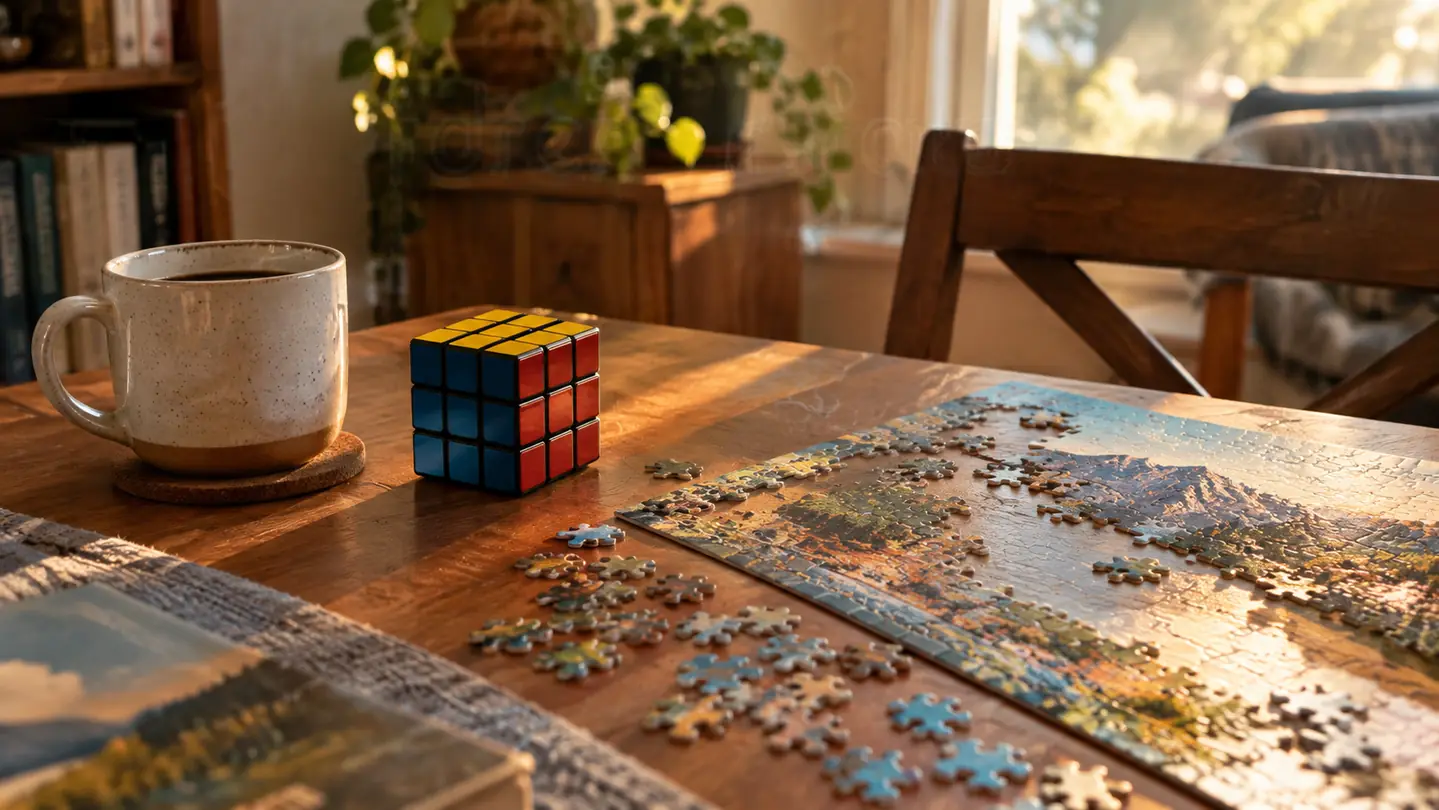 A puzzle cube on a dining room table beside a half-finished jigsaw puzzle.