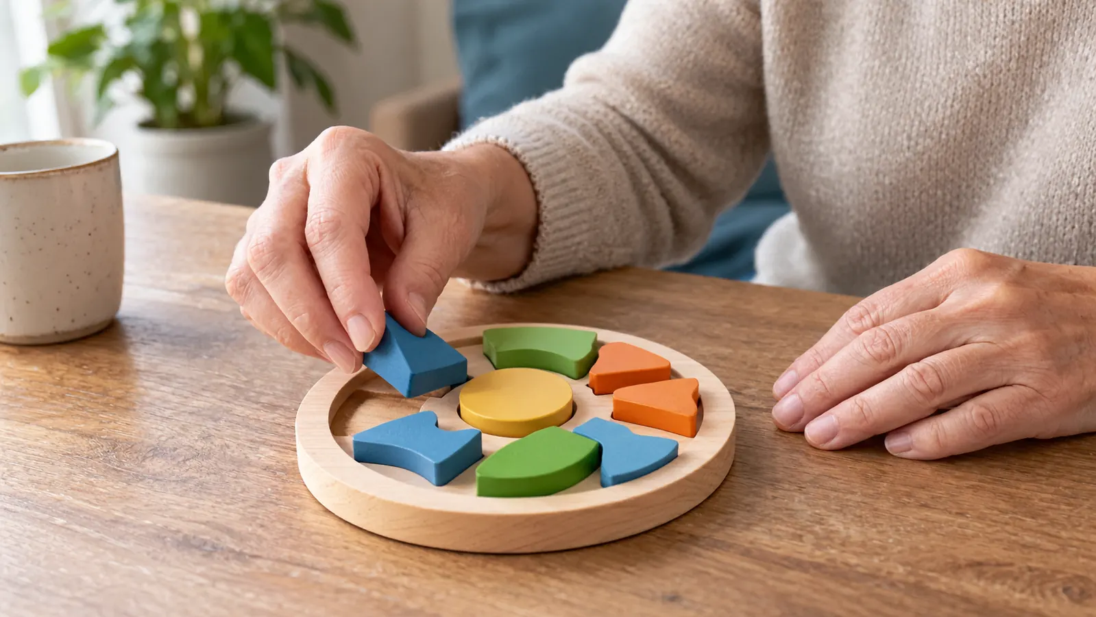 A hand moving a small puzzle piece on a tabletop game board