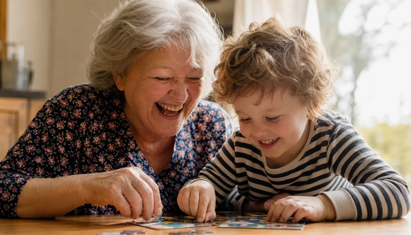 A woman in her sixties laughing with a grandchild over a small puzzle game at a table