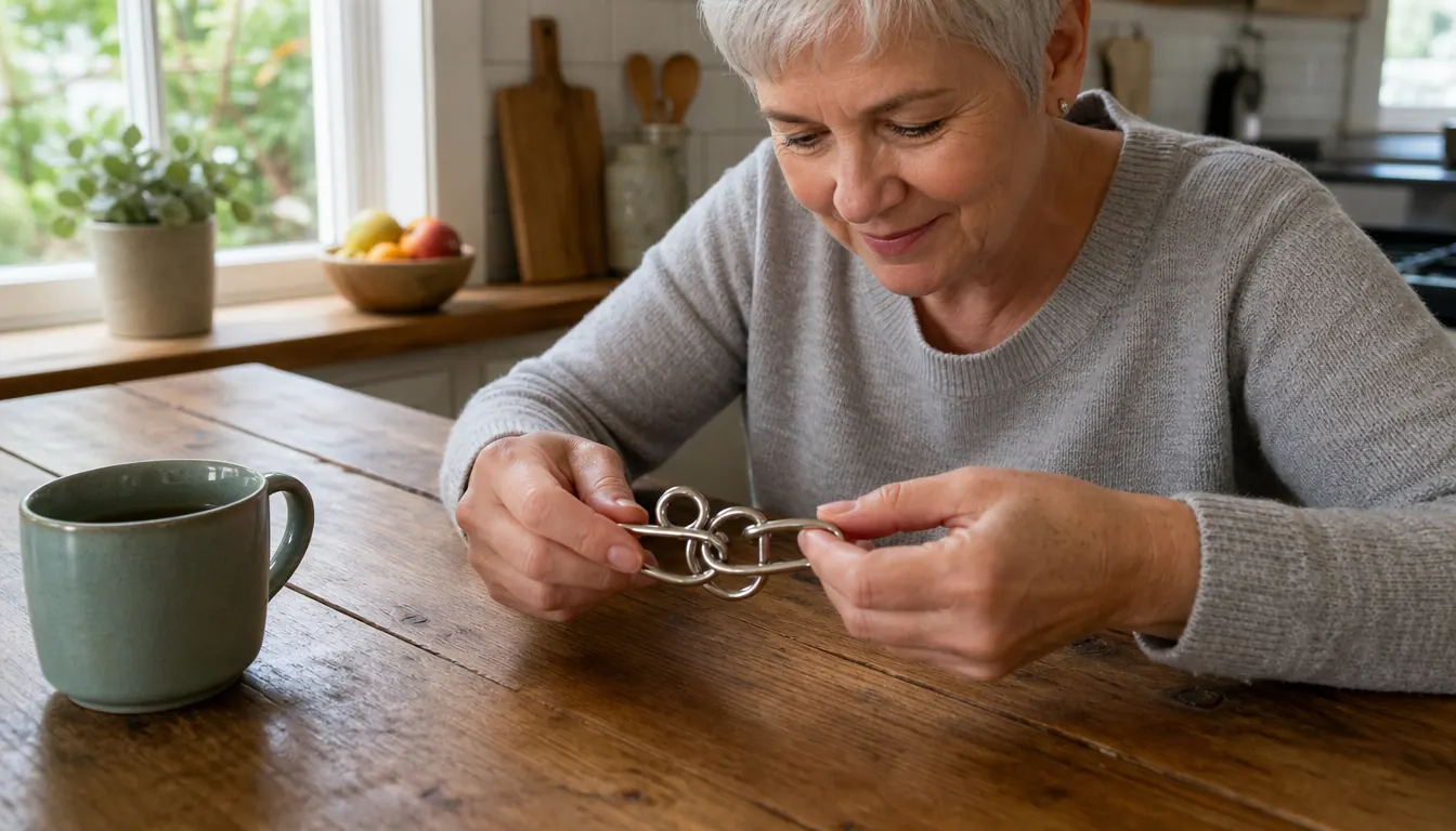 A person's hands working a metal wire puzzle at a kitchen table