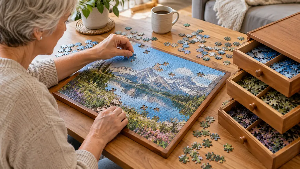A close view of hands placing a puzzle piece on a large puzzle board with open drawers holding sorted pieces