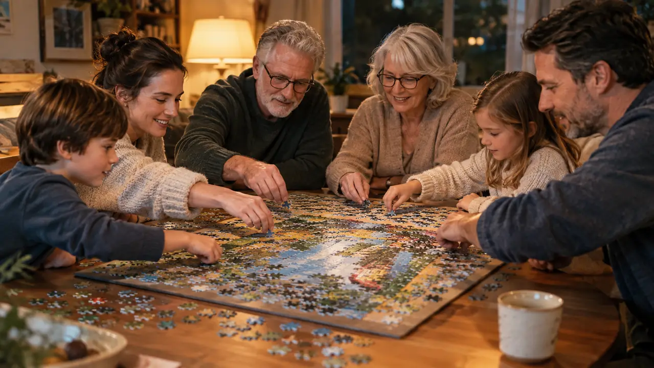 A family gathered around a dining table with a puzzle board in the center, laughing and reaching for pieces