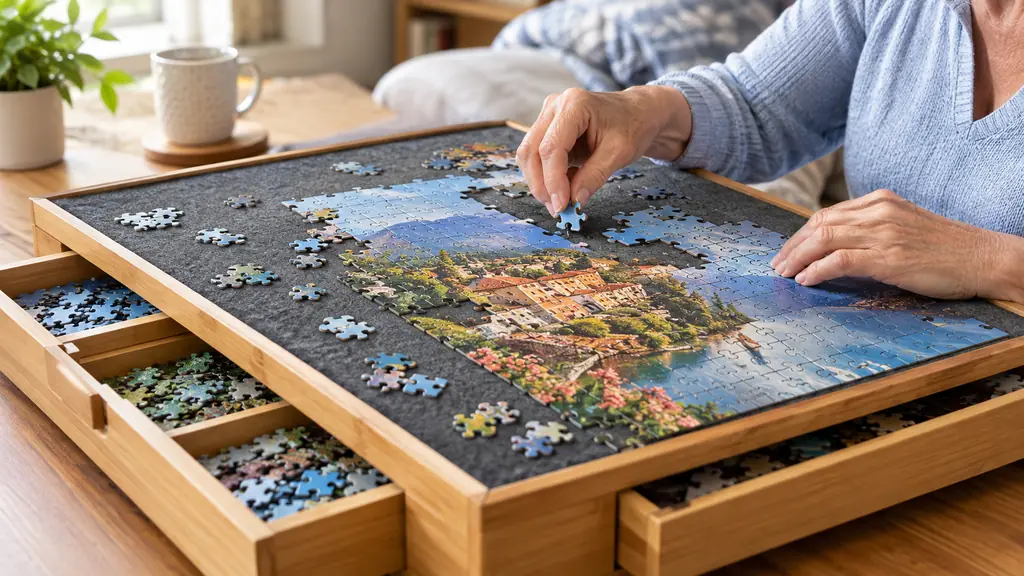 Hands placing a jigsaw puzzle piece onto the felt surface of a puzzle board with drawers, with sorted pieces in an open drawer