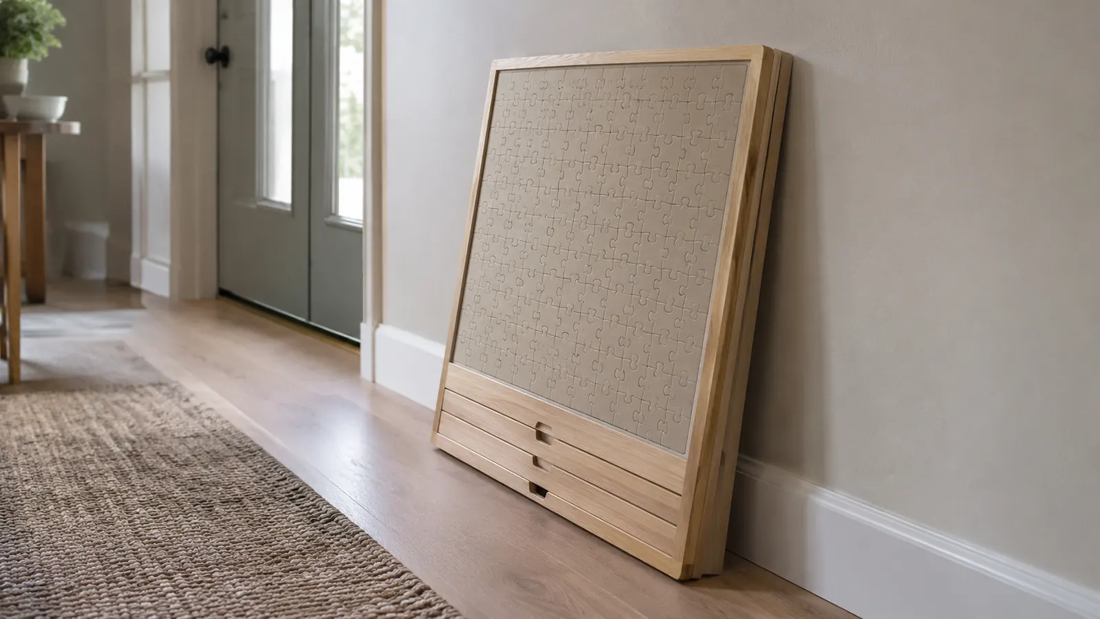 A puzzle board with drawers folded flat and leaning against a wall in a tidy hallway
