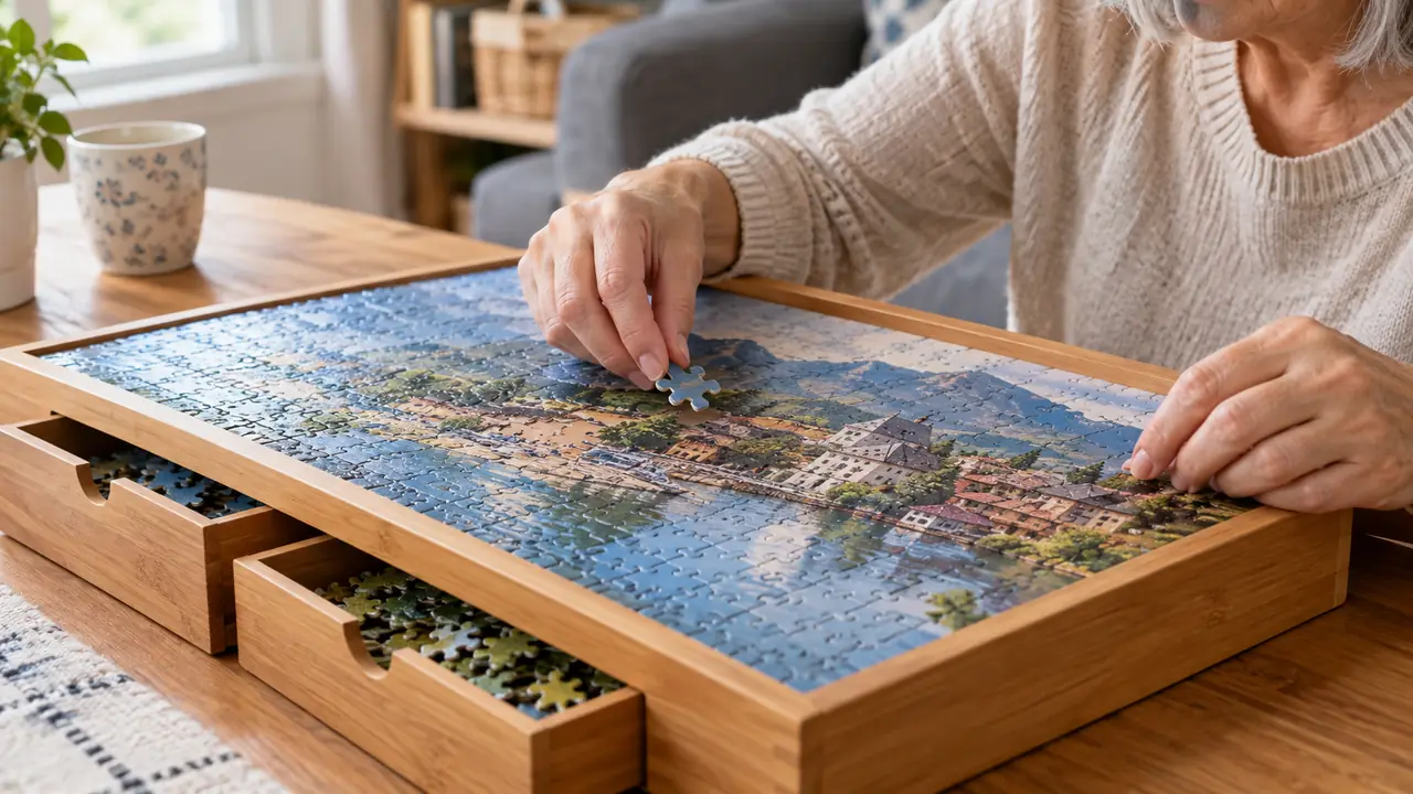 Close view of hands placing a puzzle piece on a jigsaw laid out on a puzzle board with drawers open on the sides.