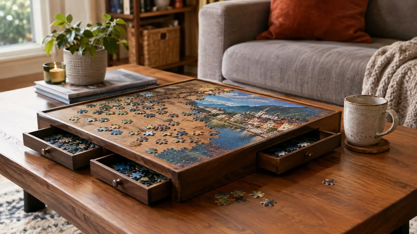 A puzzle board with drawers on a coffee table holds a partially completed jigsaw, with a mug nearby.