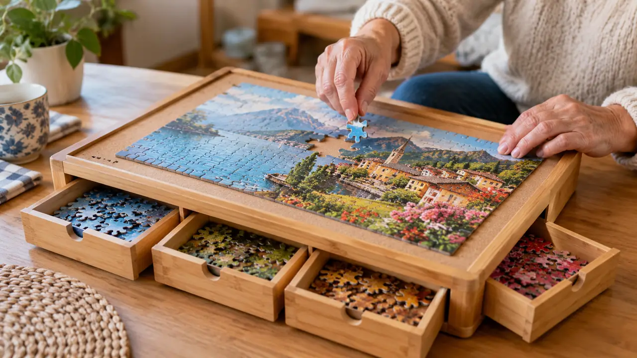 Hands fitting a jigsaw puzzle piece into a board with drawers.