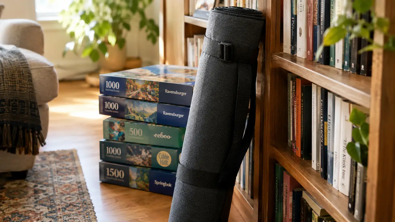 Rolled-up puzzle mat leaning against a bookshelf with stacked puzzle boxes nearby.