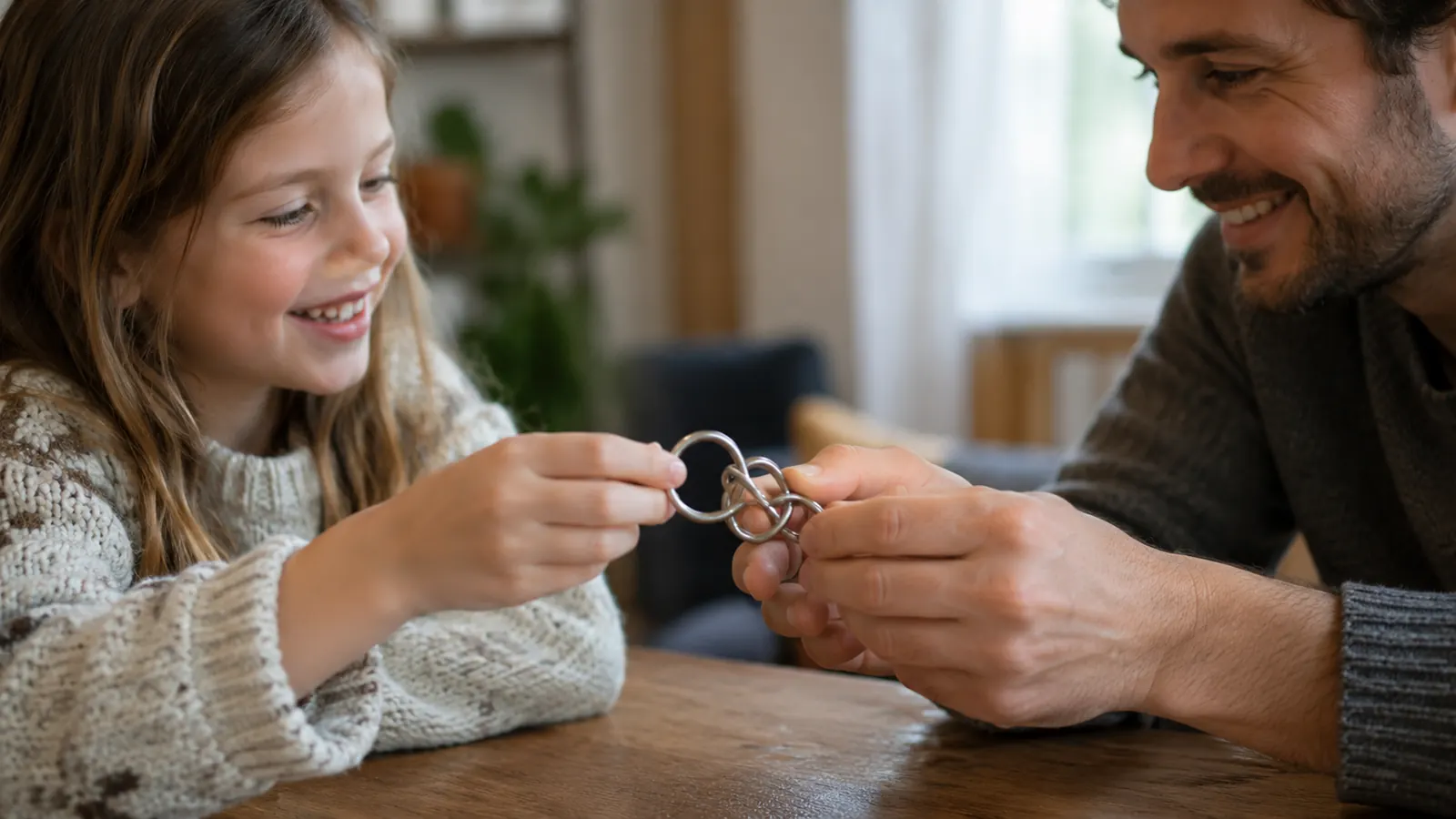 A child and an adult leaning over a wooden table, passing a metal wire puzzle between them, both smiling