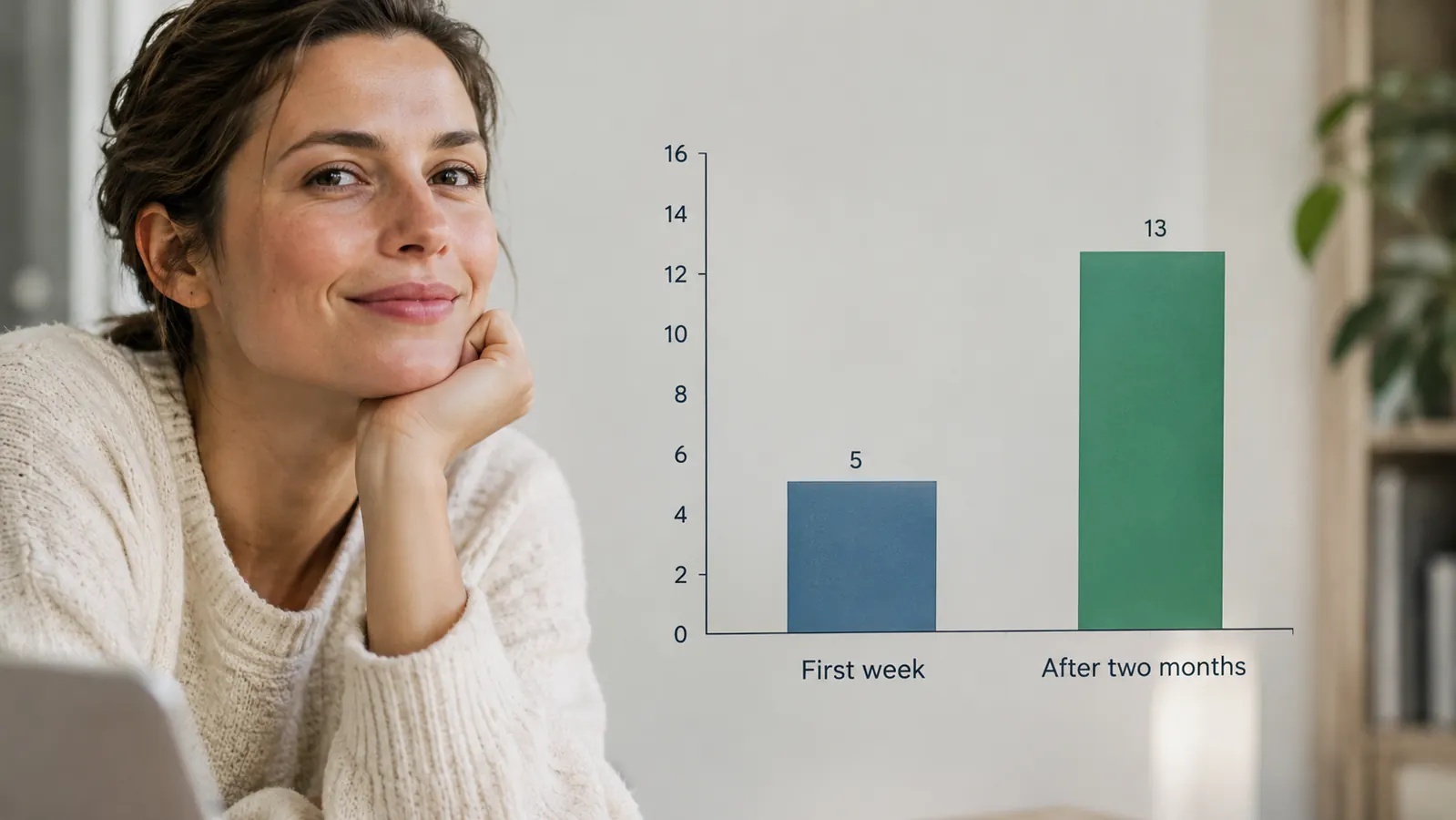 A simple chart showing how many of the 16 puzzles were solved in the first week versus after two months