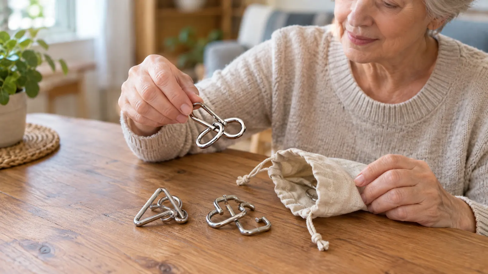 A hand lifting a metal wire puzzle out of a small cloth pouch on a wooden table