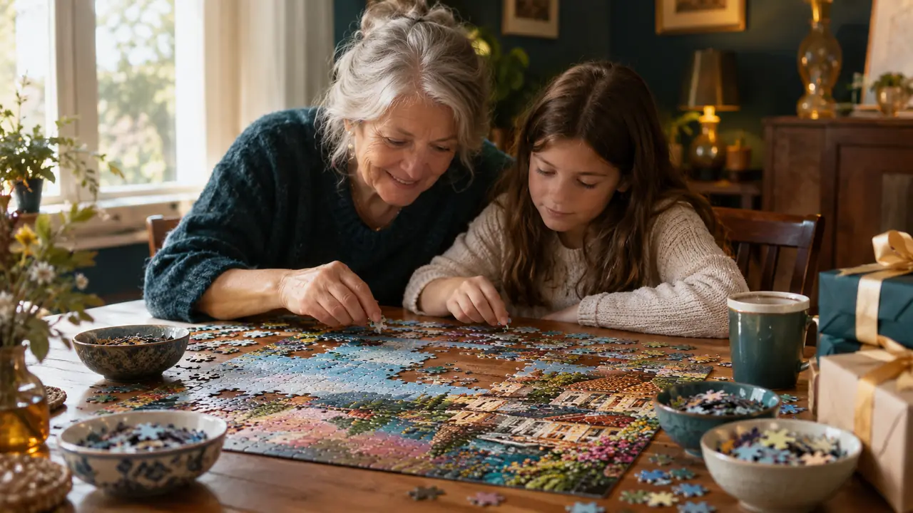 A grandmother and a child fitting pieces into a colorful jigsaw puzzle on a sunlit dining table next to wrapped gifts
