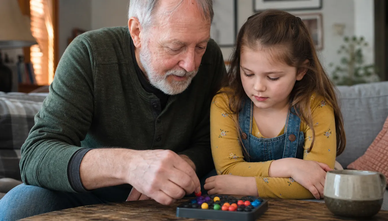 A grandparent and a child leaning over a small logic puzzle game together in a living room.