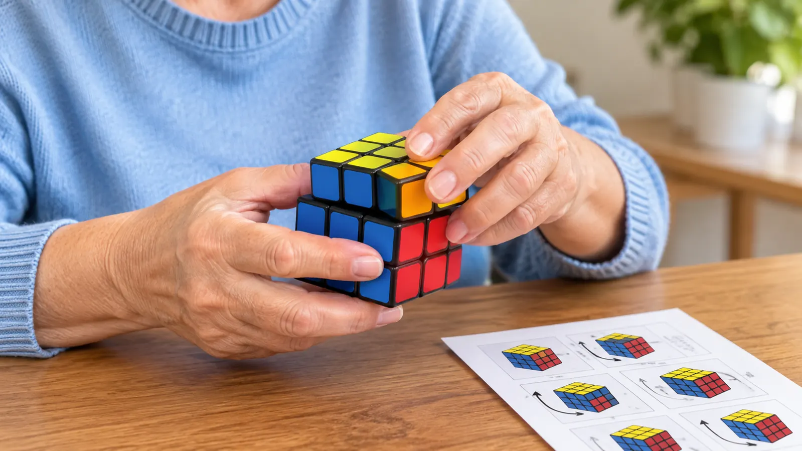 A person's hands turning the top layer of a Rubik's Cube while following a printed guide on the table