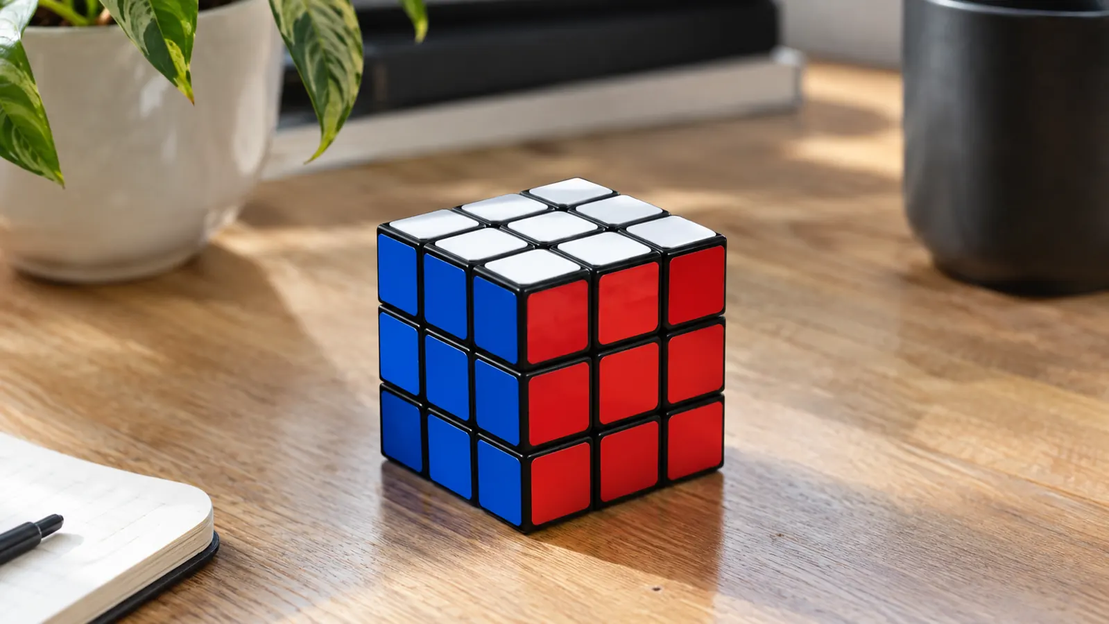 A Rubik's Cube with one solved white face and the first layer completed, resting on a table