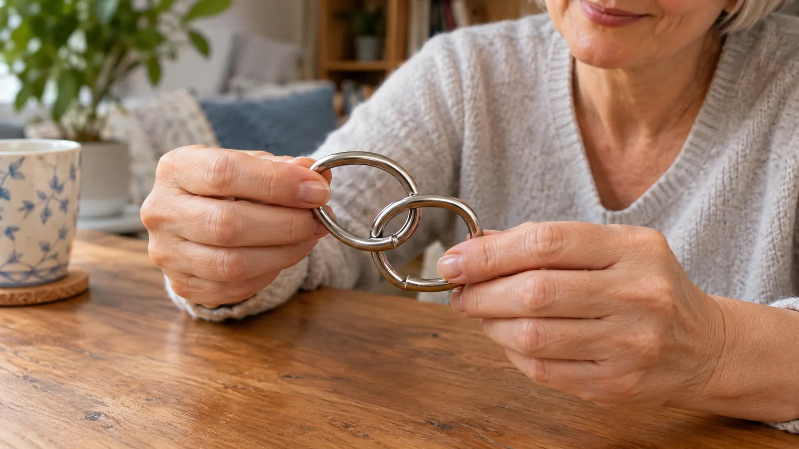 Hands working a metal wire disentanglement puzzle over a wooden table