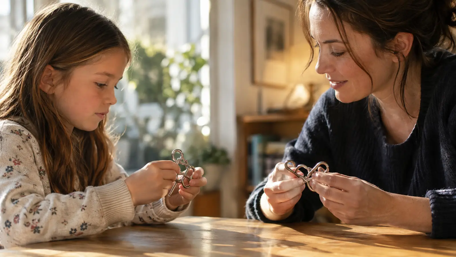 A child and an adult each working a metal wire puzzle across a table
