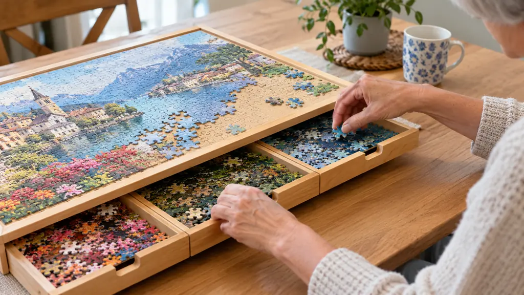Hands sorting jigsaw pieces into the open drawers of a puzzle board on a dining table
