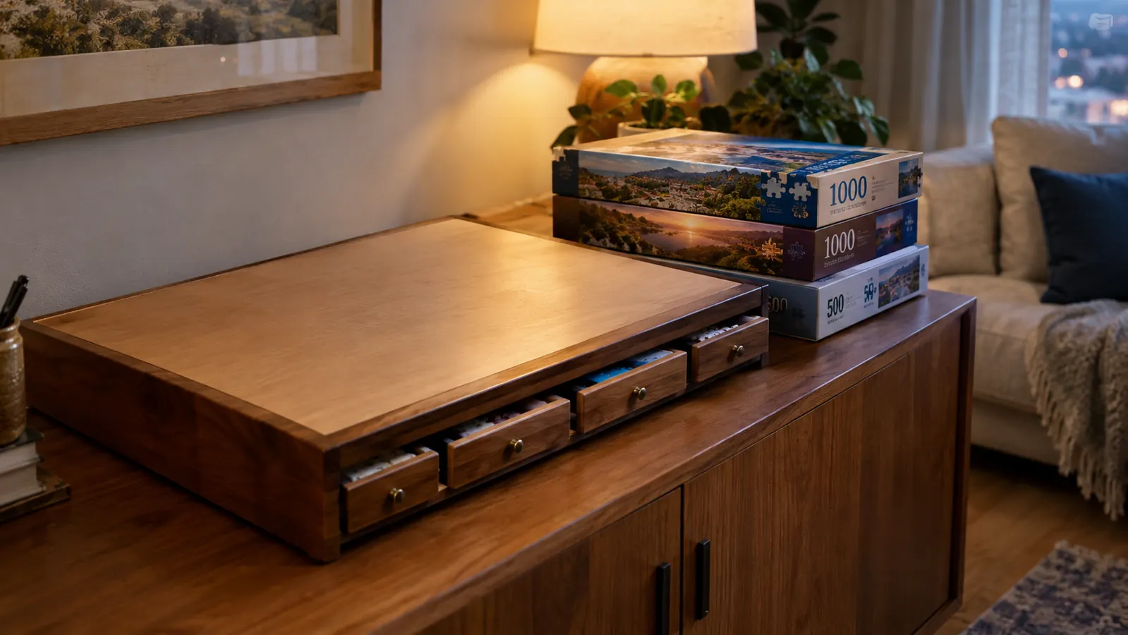 A closed puzzle board with drawers resting on a sideboard next to a stack of puzzle boxes