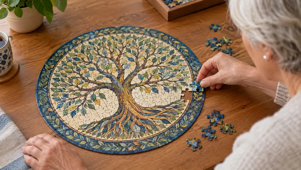 A hand placing a jigsaw puzzle piece onto the border of a tree of life puzzle on a table
