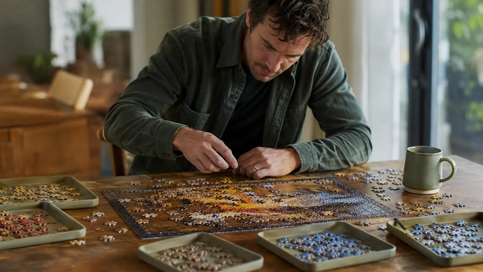A jigsaw puzzle in progress on a dining room table with pieces sorted into trays by color