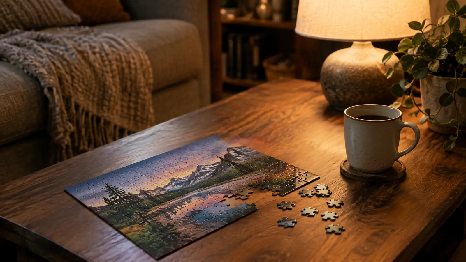A puzzle spread out on a coffee table with a mug beside it, evening light