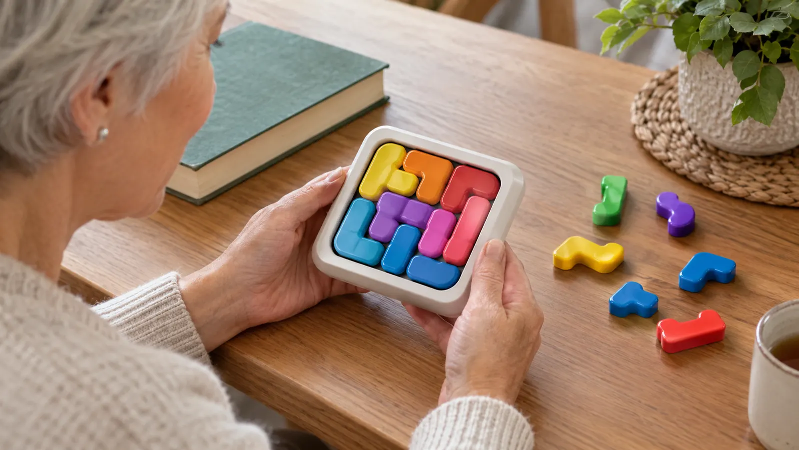 A hand holding a small plastic puzzle game with colorful pieces arranged on a table next to a book