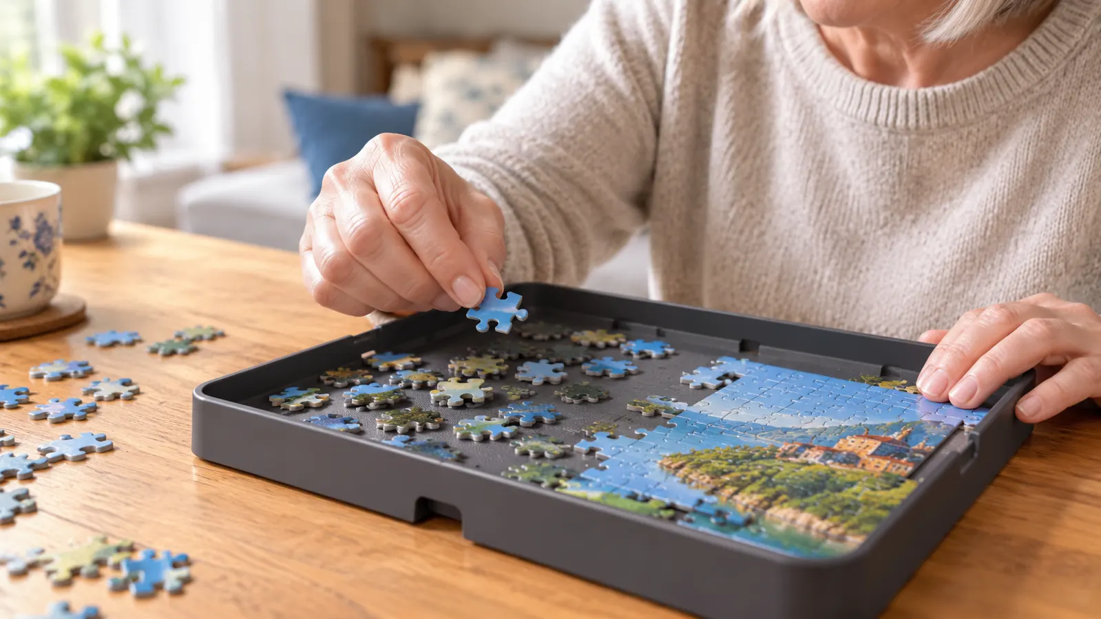 Hands fitting a plastic puzzle piece into a puzzle tray.