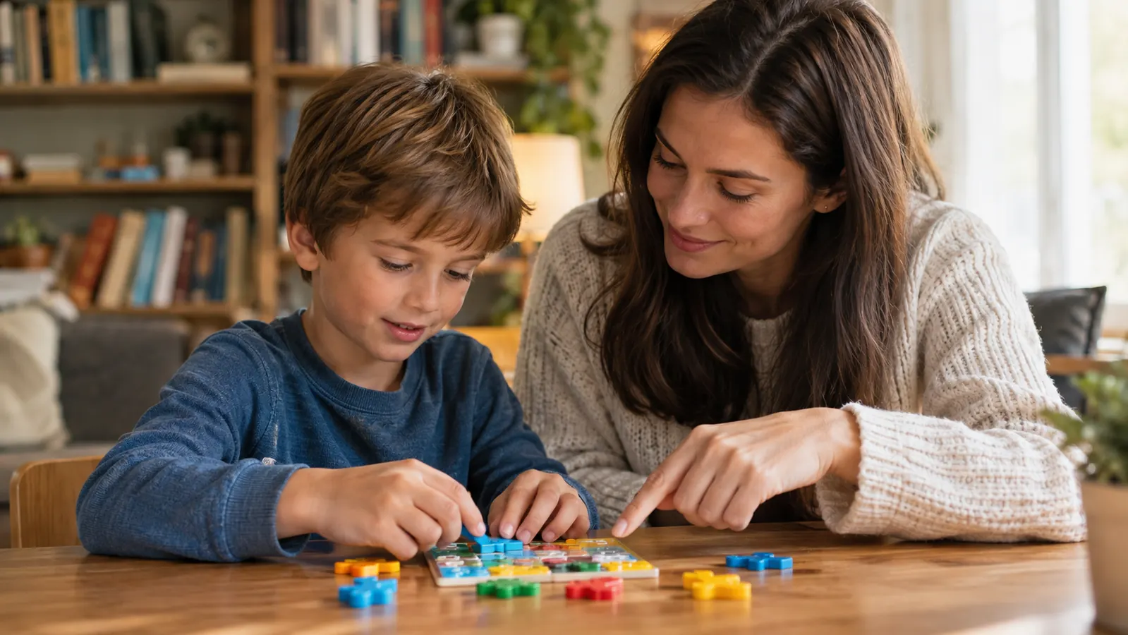 Child and adult solving a small tabletop puzzle together.