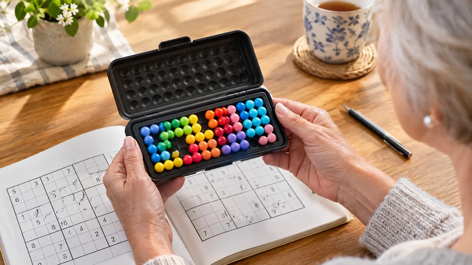 A pair of hands holding a small puzzle game above a book of sudoku puzzles on a table