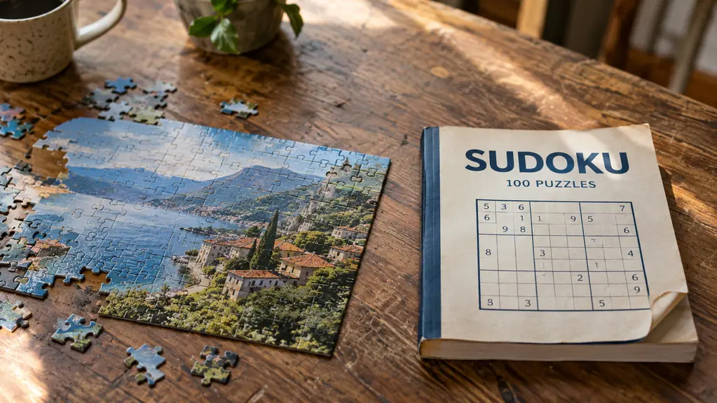 A small puzzle game and a sudoku book side by side on a table, with a dog-eared page marker in the book
