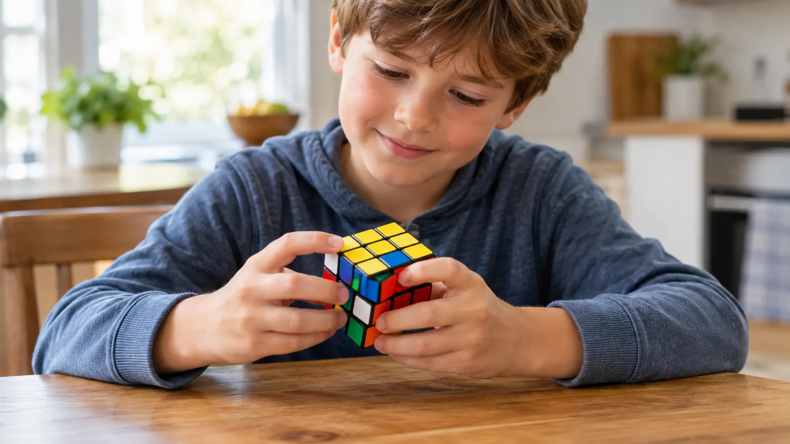 a child's hands turning a 3x3 puzzle cube on a wooden table