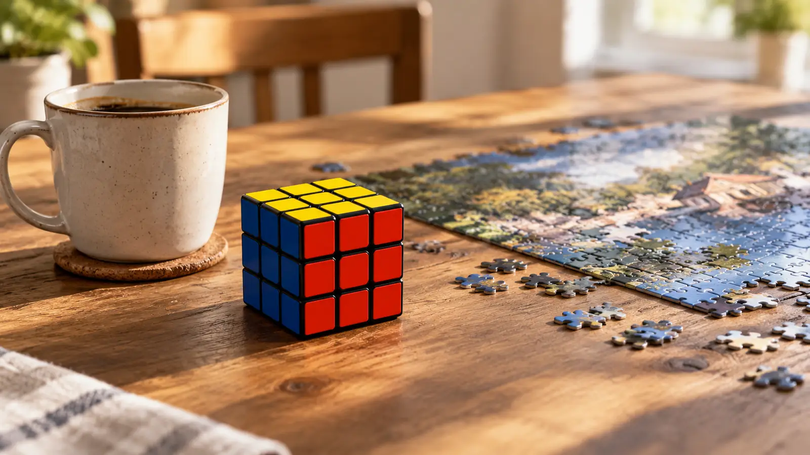 a 3x3 puzzle cube resting on a kitchen table beside a coffee mug and a half-finished jigsaw puzzle