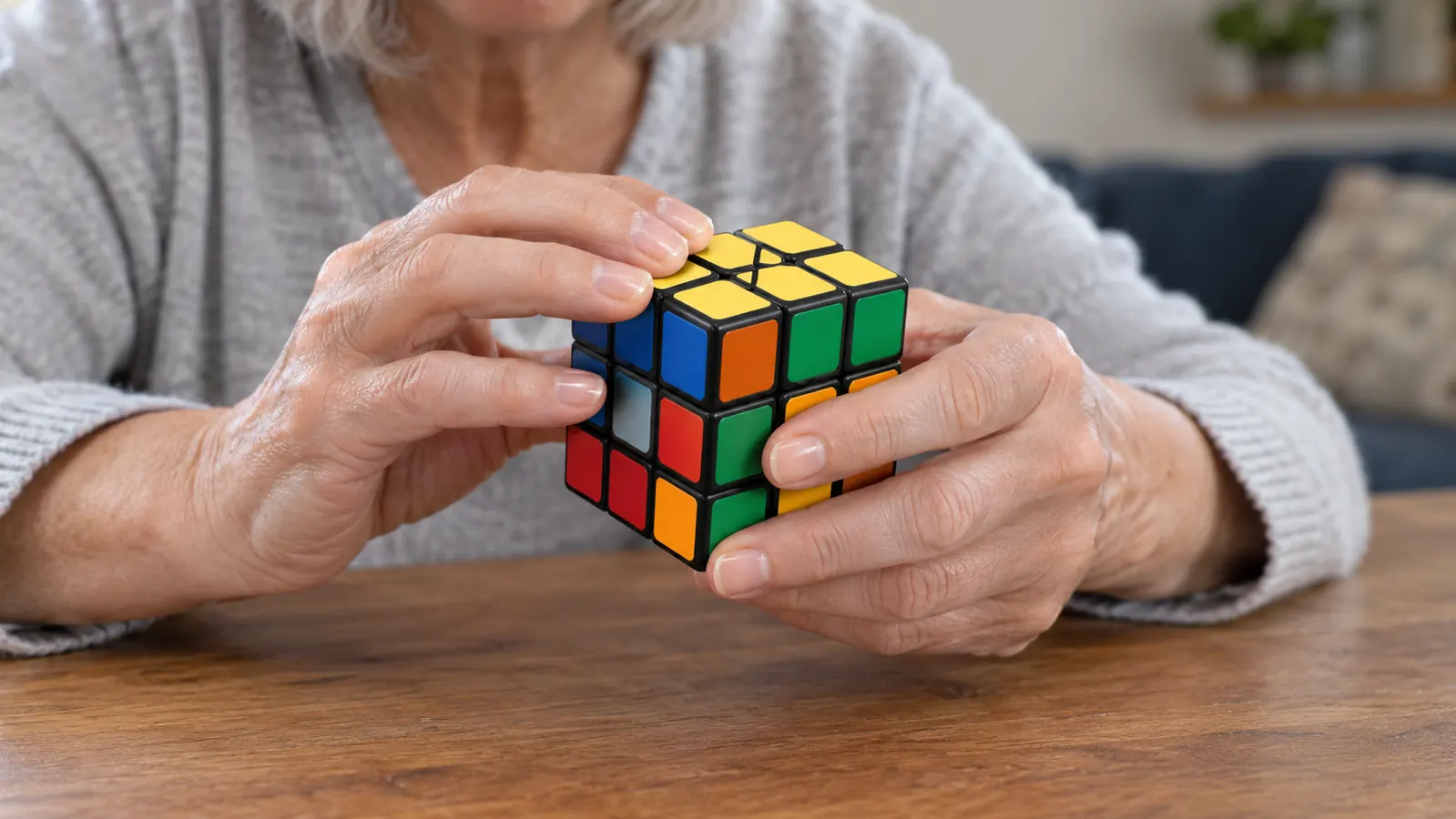 A close view of hands holding a Rubik's cube between solves on a wooden table