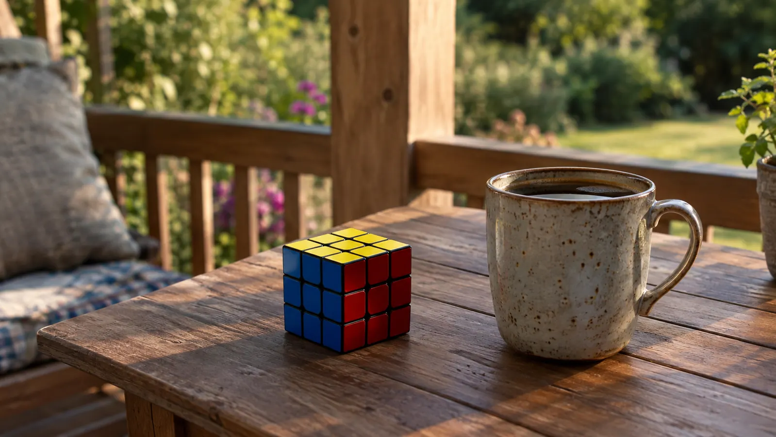 A Rubik's cube resting on a wooden back porch table next to a mug of coffee in late afternoon light