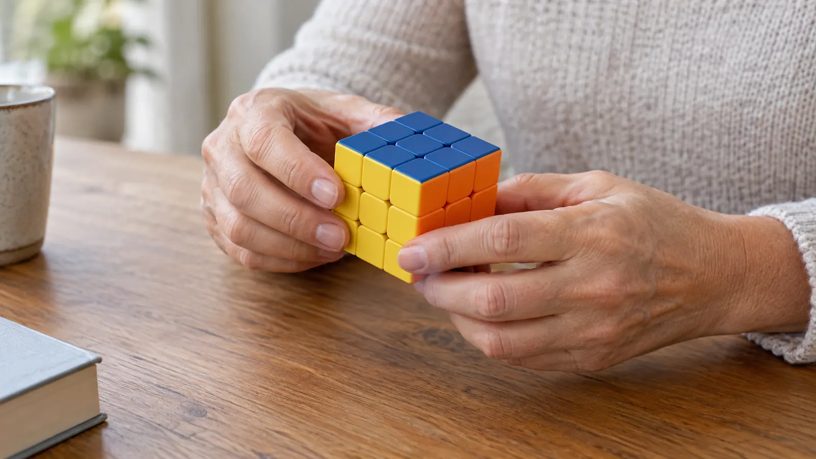 Hands turning a Rubik's cube over a wooden table.