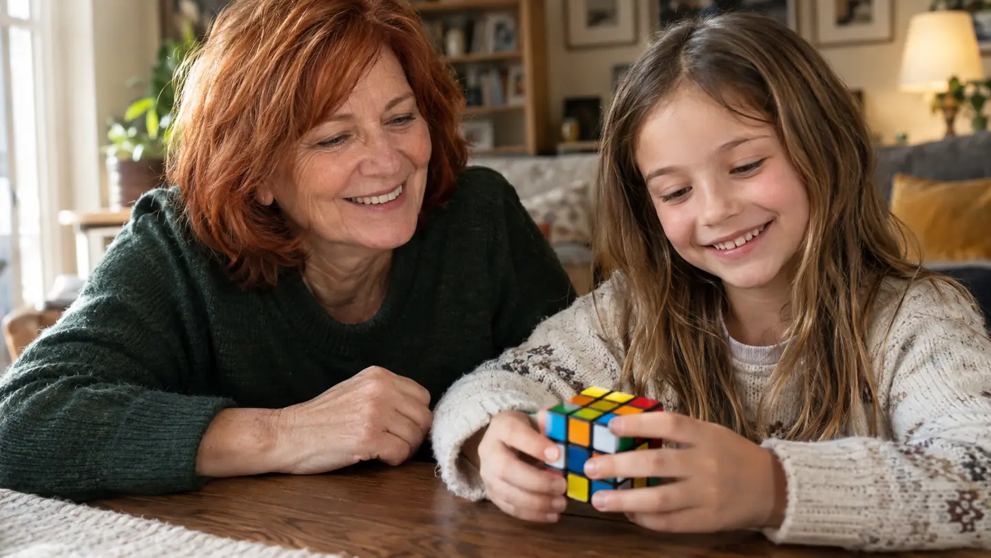 A woman in her sixties and a young child playing with a Rubik's cube at a table.