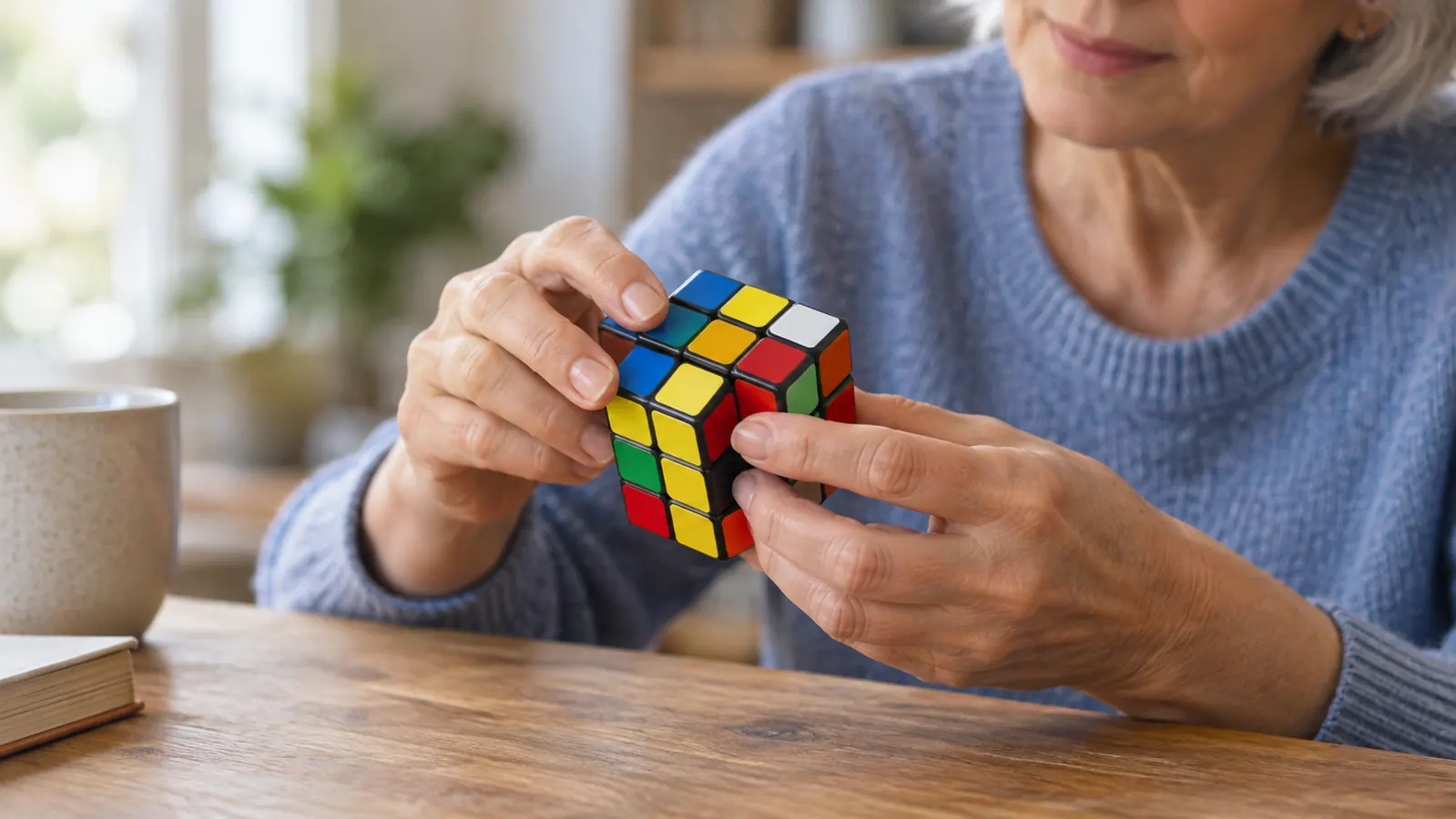 Hands holding and turning a 3x3 puzzle cube above a wooden table