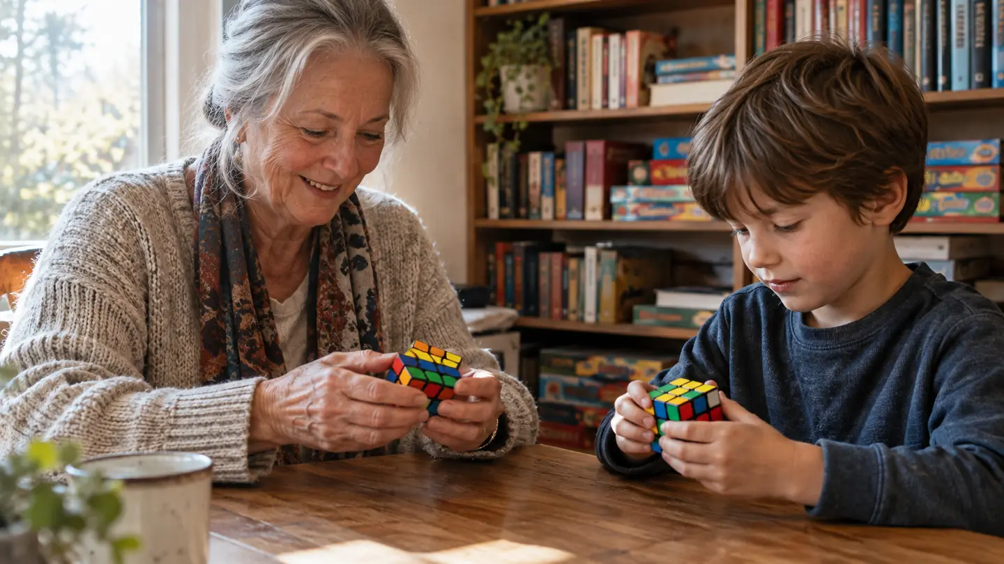 A grandmother and a child sitting across from each other at a table, each solving a 3x3 puzzle cube