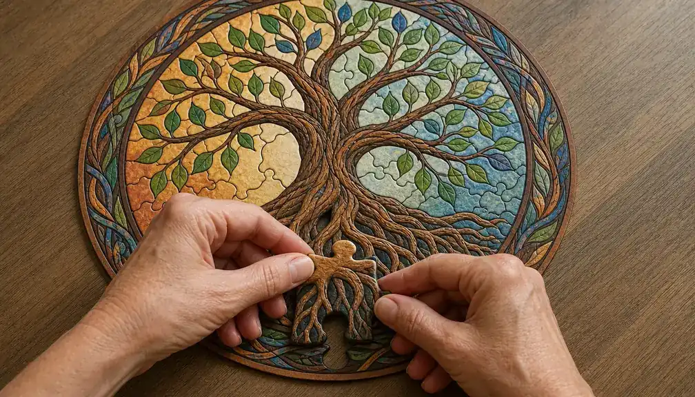 A person's hands fitting a tree of life puzzle piece into place on a table