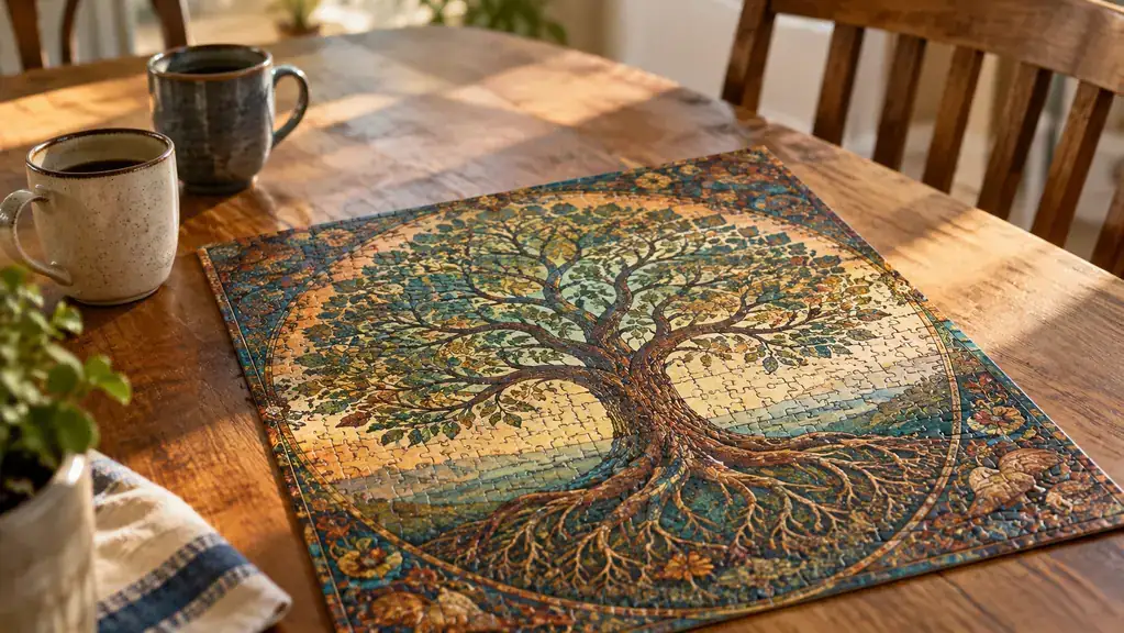 A completed tree of life jigsaw puzzle on a dining table with coffee mugs nearby