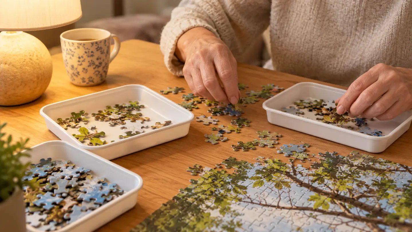 Hands sorting jigsaw puzzle pieces into trays on a wooden table