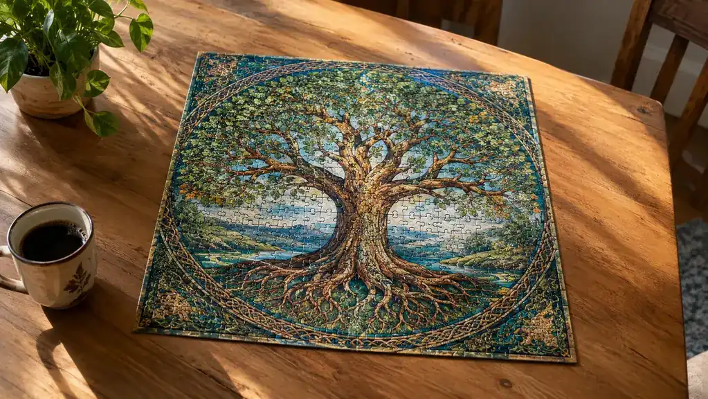A completed tree of life jigsaw puzzle on a dining table seen from above