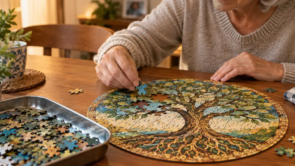 Hands placing a jigsaw puzzle piece into a partially built tree of life puzzle, with a sorting tray of loose pieces on the table beside it