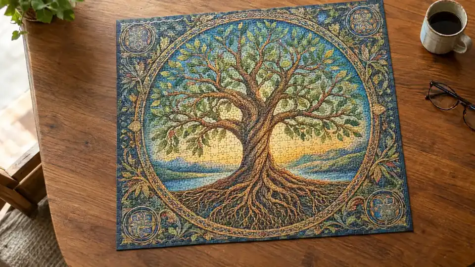 A completed tree of life jigsaw puzzle viewed from above on a dining table, with a coffee mug and reading glasses at the edge of the frame
